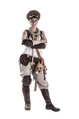 Nuclear post apocalypse life after doomsday concept. Grimy female survivor in tatters. Studio...