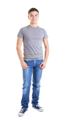 Handsome young man in blank grey t-shirt on white background