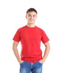 Handsome young man in blank red t-shirt on white background