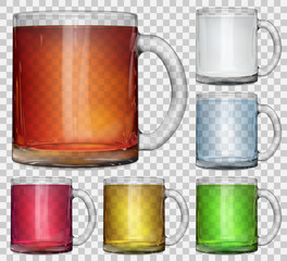 Set of transparent glass cups with multicolored translucent drinks on transparent background. Transparency only in vector file