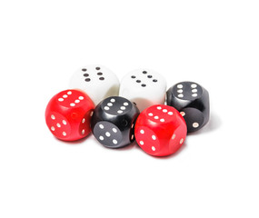 The dice black, red and white colors, the winning combination of Yahtzee isolated on white...