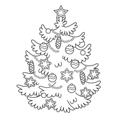 Coloring Page Outline Of cartoon Christmas tree with ornaments. Christmas. New year. Coloring book for kids