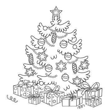 Coloring Page Outline Of cartoon Christmas tree with ornaments and gifts. Christmas. New year. Coloring book for kids