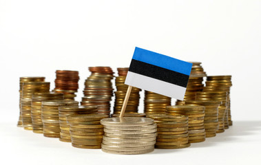 Estonia flag waving with stack of money coins