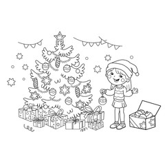 Coloring Page Outline Of cartoon girl decorating the Christmas tree with ornaments and gifts. Christmas. New year. Coloring book for kids