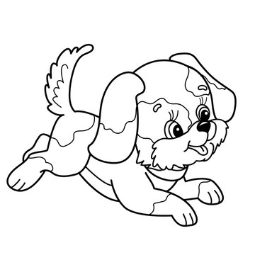 Coloring Page Outline Of cute puppy. Cartoon joyful dog jumping. Pet. Coloring book for kids