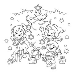 Coloring Page Outline Of children with gifts at Christmas tree. Christmas. New year. Coloring book for kids