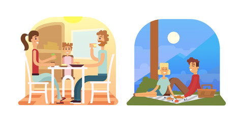 Family holiday cartoon concepts. Mom, dad, son, daughter at dinner.