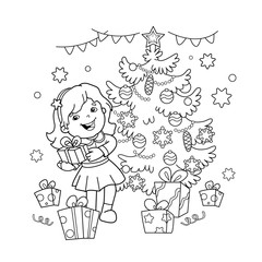 Coloring Page Outline Of cartoon girl with gift at Christmas tree. Christmas. New year. Coloring book for kids