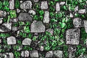 Fragment of old brick wall with river stones texture white grey brown black green blue lime yellow orange maroon violet pink turquoise colored background, different type of stones mosaic surface