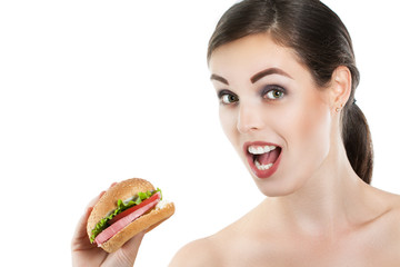 funny girl eating hamburger on white background