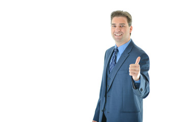 Business man giving a big thumbs up offset to the right