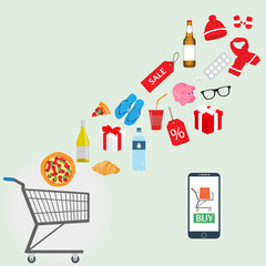 Online shopping concept. Goods, food and products fly into the shopping trolley. Smartphone. Vector illustration