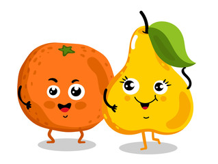 Cute fruit cartoon characters isolated on white background vector illustration. Funny orange and pear emoticon face icon collection. Happy smile cartoon face food emoji, comical fruit mascot set.