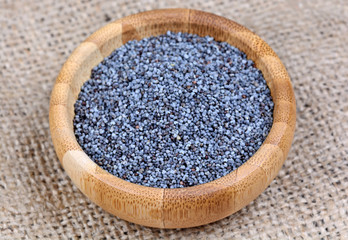 Poppy seeds in a bamboo bowl