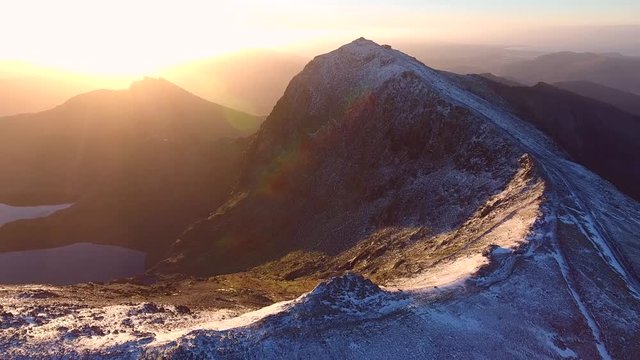 Spectacular panning aerial shot of Snowdonia.