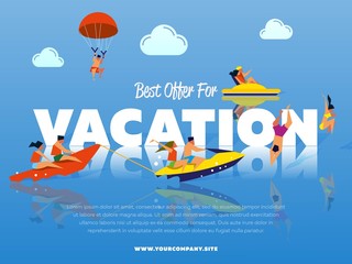 Best offer for vacation banner. People on banana boat. Swimming girl and couple on water bike. Kiting man. Couple riding jet ski. Beach activities. Summer water fun. Happy holiday. Outdoor leisure.