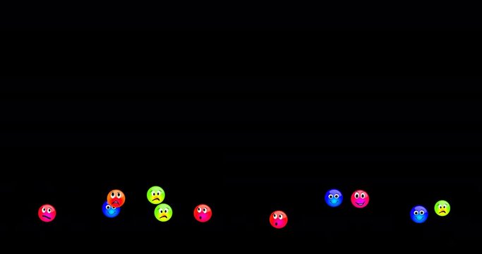 A group of generic Facebook-style face emotion icons travel across the bottom of the screen. With alpha channel. Alpha channel data may only be available in original 4K version.	 	