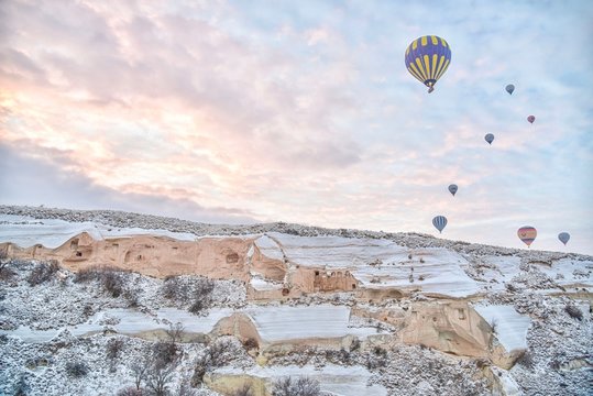 Hot Air Balloons Over Cappadocia in Early Morning During Winter