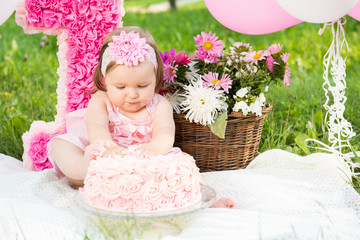 Portrait of a cute adorable Caucasian baby girl in pink dress celebrating her first birthday
