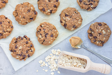 Flourless gluten free peanut butter, oatmeal and chocolate chips cookies on parchment, top view, horizontal