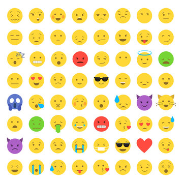 Set Of Cute Smiley Emoticons, Emoji Flat Design 