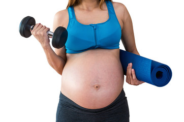 Fototapeta na wymiar Closeup asian Pregnant female do exercise in sports room, liftin