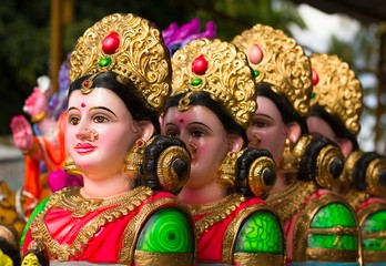Goddess Gauri colorful statues, also known as Parvati, to celebrate the popular religious Hindu Festival Ganesha Chaturthi in India.