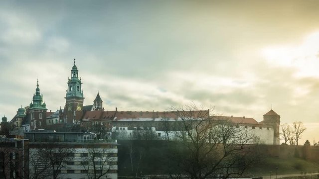 Wawel Castle and dynamic clouds, Krakow, Poland. Time Lapse