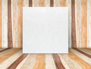 Blank white leather canvas at wooden plank room,Mock up template