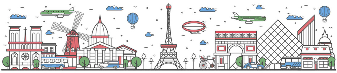 Travel in Paris city banner vector illustration. Worldwide traveling concept with famous modern and ancient architectural attractions. Paris cityscape panorama, historical landmark line design poster. - obrazy, fototapety, plakaty