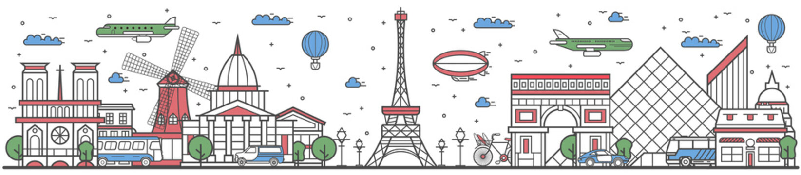 Travel in Paris city banner vector illustration. Worldwide traveling concept with famous modern and ancient architectural attractions. Paris cityscape panorama, historical landmark line design poster.
