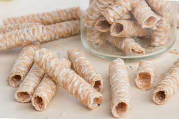 Crispy roll snack made from grains in the bottle,Thailand food