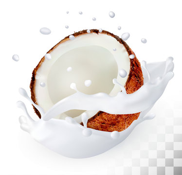 Coconut In A Milk Splash On A Transparent Background. Vector.