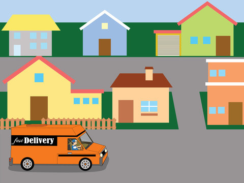 Orange delivery van on city