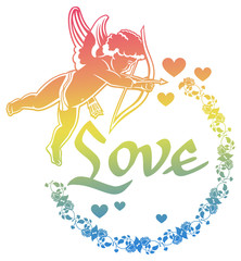 Cupid with bow hunting for hearts. Color gradient round label with Cupid, roses, hearts and single word 