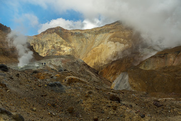 Climbing to active volcano Mutnovsky on Kamchatka.