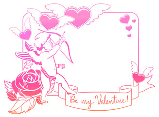 Cupid with bow hunting for hearts. Color gradient frame with Cupid, roses, hearts and artistic written text 