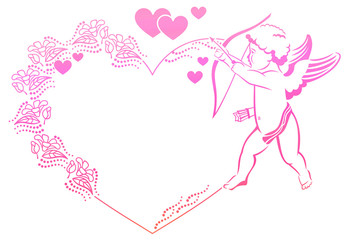 Cupid with bow hunting for hearts. Heart-shaped color gradient frame with Cupid, roses and hearts. Copy space. Raster clip art.
