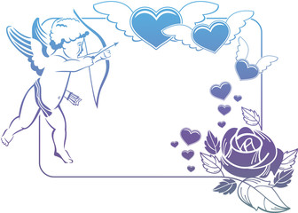 Cupid with bow hunting for hearts. Color gradient frame with Cupid, roses and hearts. Copy space. Raster clip art.