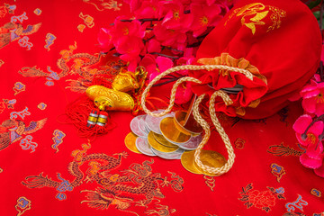 Chinese new year decoration on red fabric background .,Chinese c