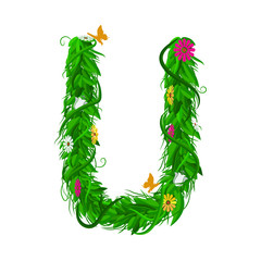 U Green eco letter with leaves and flowers for your design. Flat color style. Spring and summer concept. Vector Illustration
