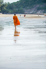 Novice Buddhist monks walk collecting alms