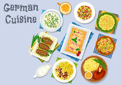 German cuisine dinner with beer and dessert icon