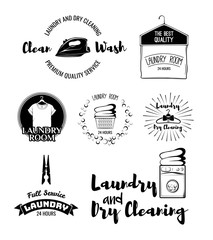 vector set of laundry labels, emblems and design elements. laundry set washing machine, t-shirt, basket with dirty clothes