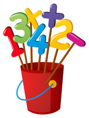Numbers on wooden stick in red bucket