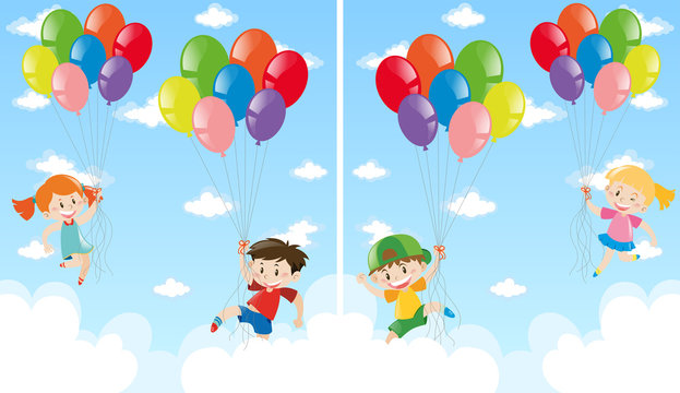 Kids and balloons flying in the sky