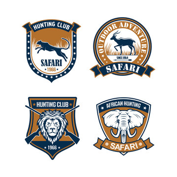 Hunting club and safari trip heraldic badge set