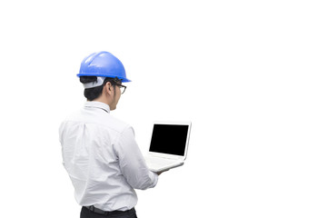 The isolate scene of engineer hold the laptop by the hand 