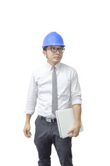 The isolate scene of engineer hold the laptop by the hand 